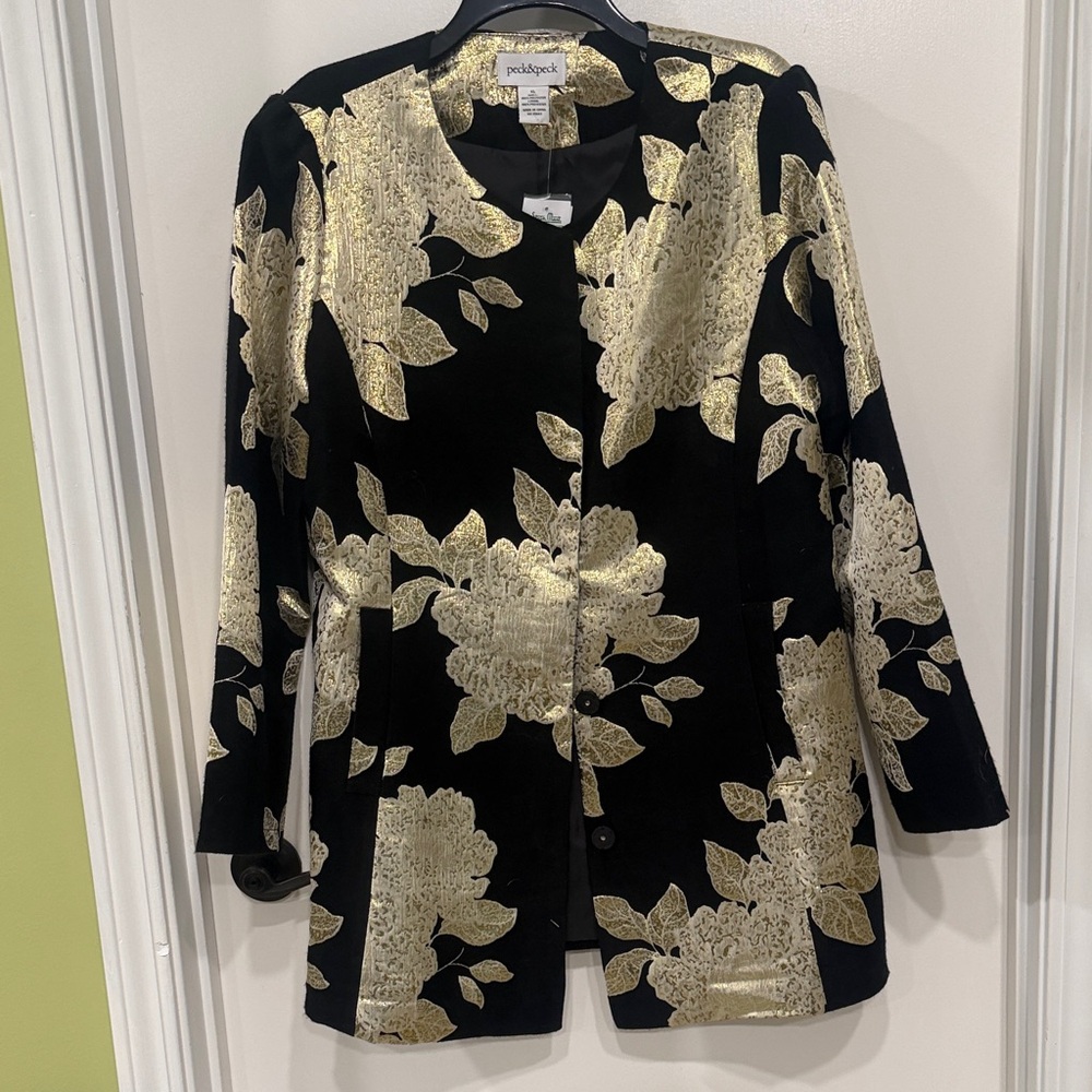 Peck & Peck Black and Metallic Gold Floral Blazer